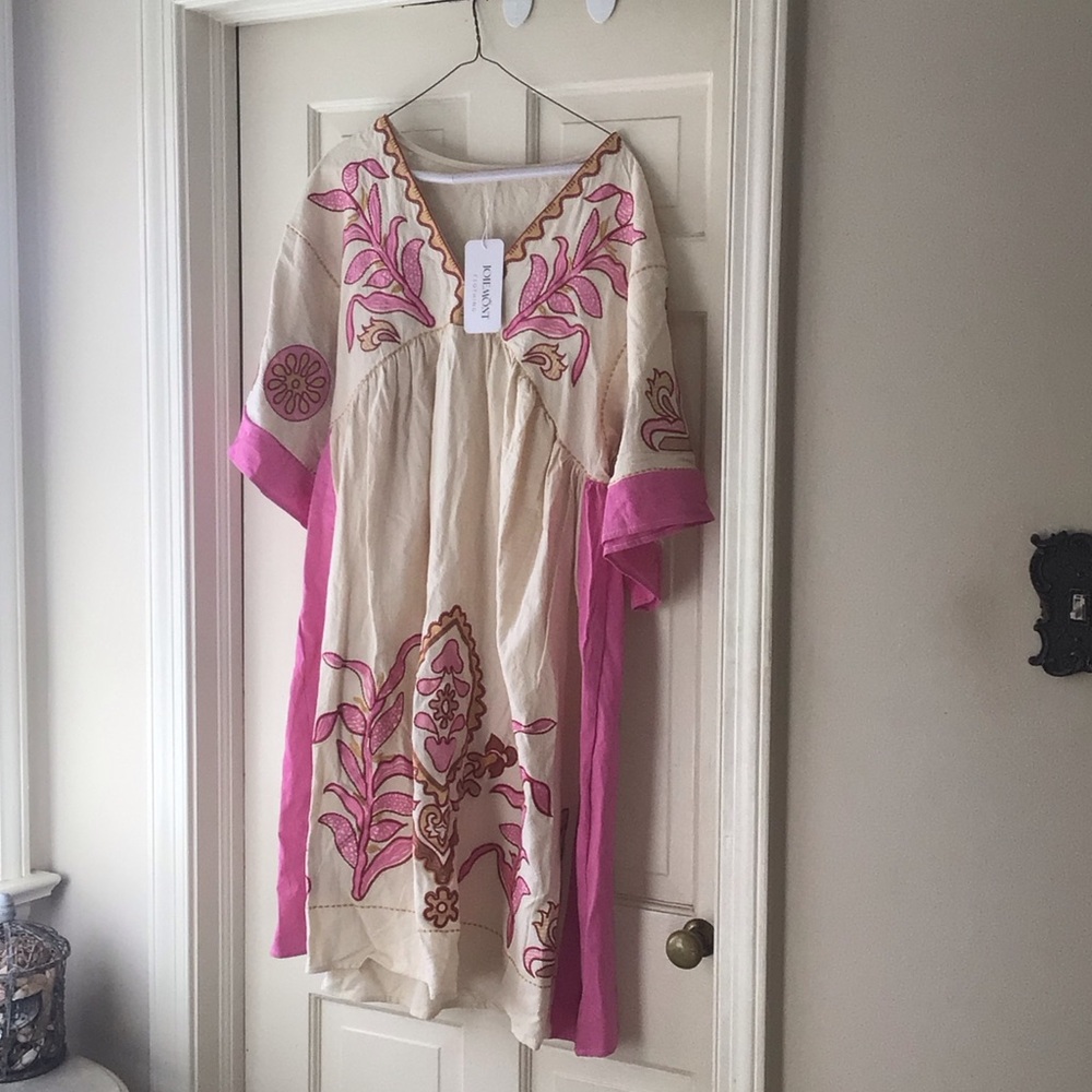 Pink and Cream Embroidered Midi Dress